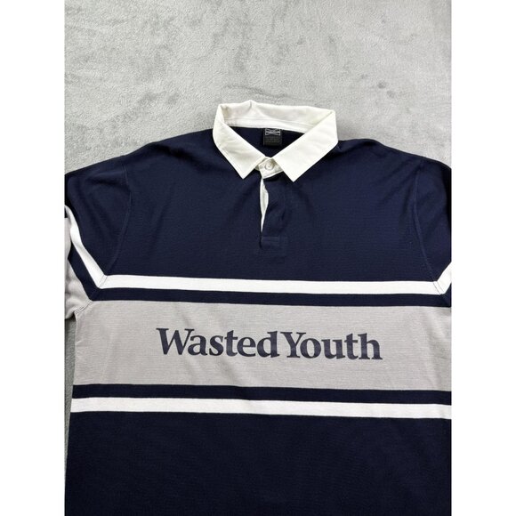 Wasted Youth Rugby Shirt Mens Large Navy Gray Long Sleeve Stripe Cotton - Picture 2 of 10